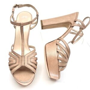 JFK Made in Italy Leather Heels Strappy T Bar Nude Block High Heel Shoes